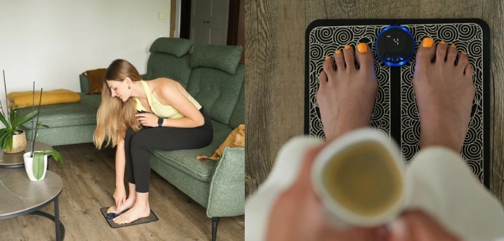 lady enjoys Ryoku Foot Massager while sitting on couch