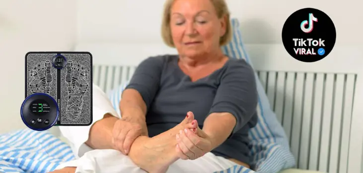 lady suffering from foot pain enjoys Ryoku Foot Massager while sitting on couch